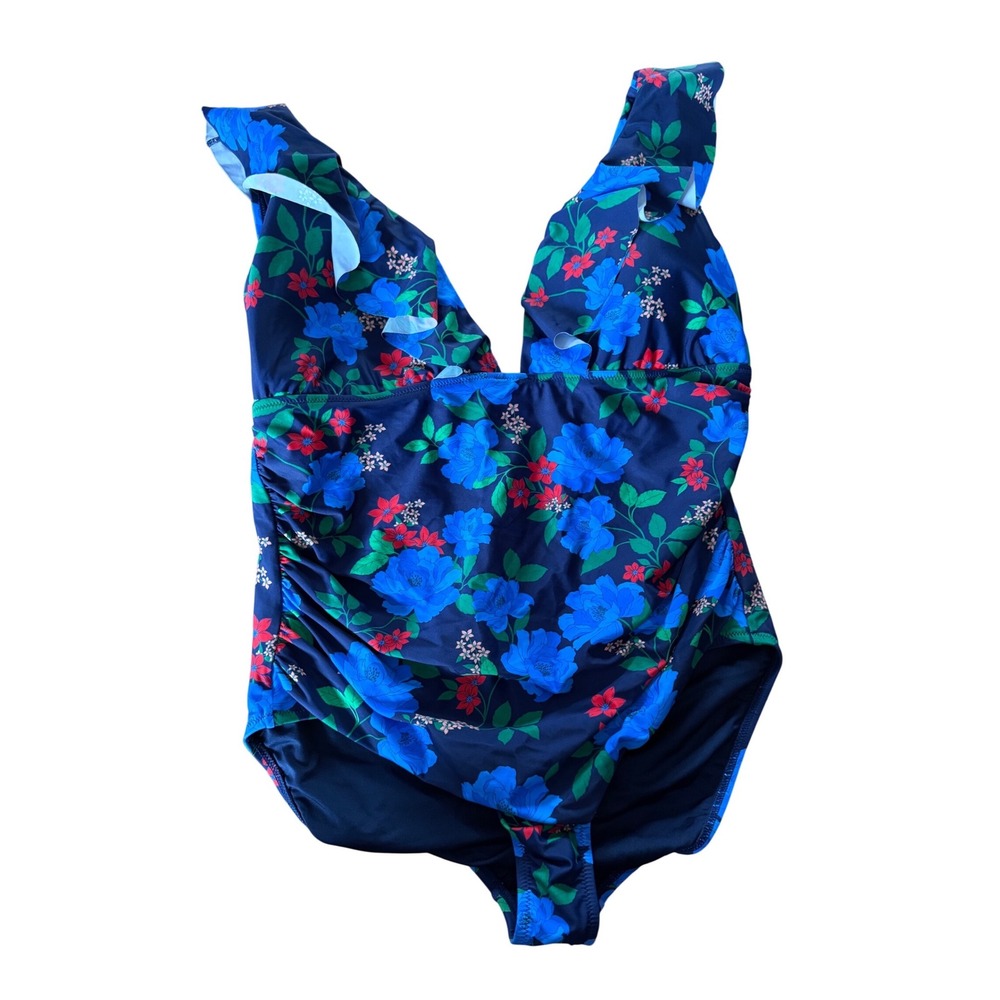NWT J.crew navy blue floral print ruffle one piece women's swimsuit beach‎